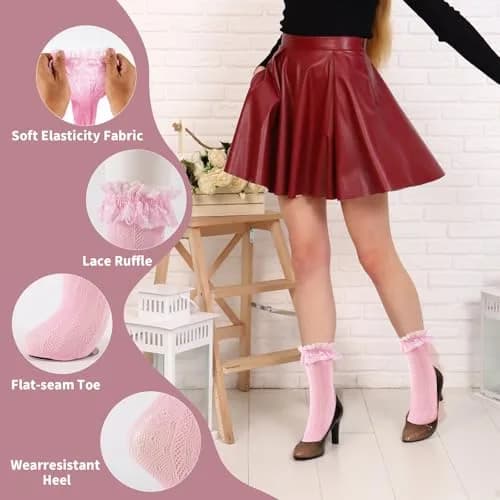 MKYSZLT Women White Lace Socks Pink Ruffle Frilly Dress Socks | Cute Mesh Lace Trim for Women 4 Pairs thumbnail 5