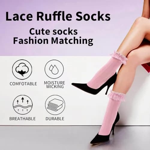 MKYSZLT Women White Lace Socks Pink Ruffle Frilly Dress Socks | Cute Mesh Lace Trim for Women 4 Pairs thumbnail 6
