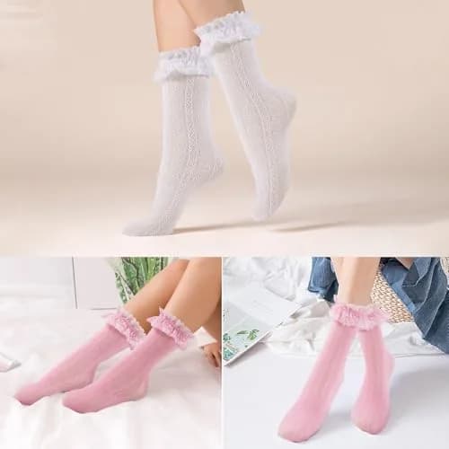 MKYSZLT Women White Lace Socks Pink Ruffle Frilly Dress Socks | Cute Mesh Lace Trim for Women 4 Pairs thumbnail 2