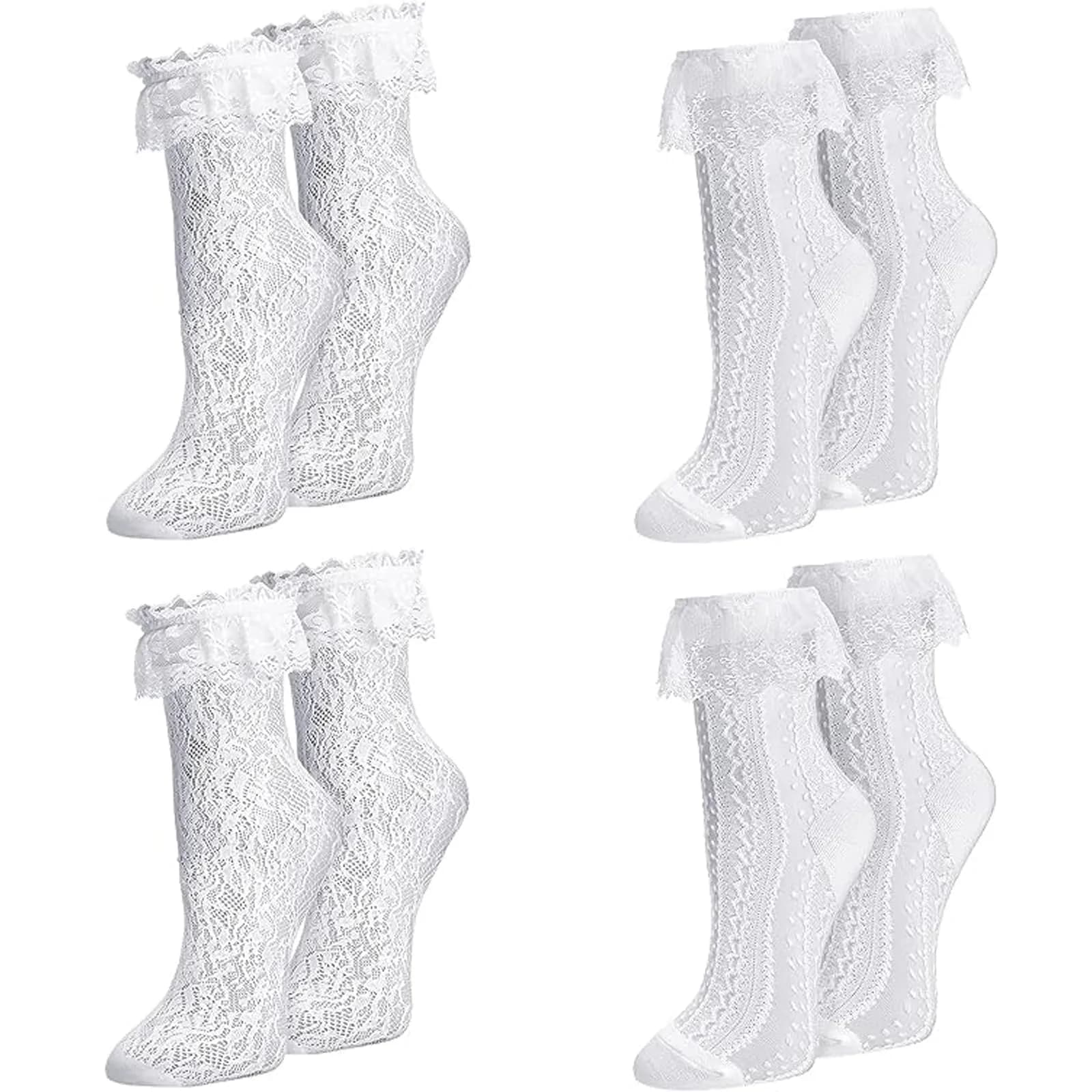 MKYSZLT Womens White Lace Socks Ruffle Frilly Dress Socks 4 Pack | Cute Mesh Lace Trim Ankle High Socks for Women