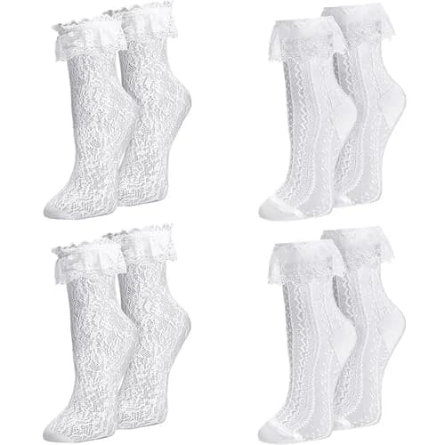 MKYSZLT Womens White Lace Socks Ruffle Frilly Dress Socks 4 Pack | Cute Mesh Lace Trim Ankle High Socks for Women thumbnail 1