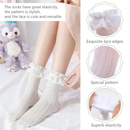 MKYSZLT Womens White Lace Socks Ruffle Frilly Dress Socks 4 Pack | Cute Mesh Lace Trim Ankle High Socks for Women thumbnail 4