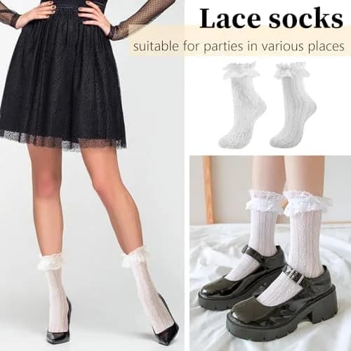 MKYSZLT Womens White Lace Socks Ruffle Frilly Dress Socks 4 Pack | Cute Mesh Lace Trim Ankle High Socks for Women thumbnail 5