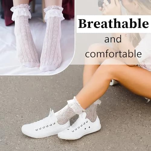 MKYSZLT Womens White Lace Socks Ruffle Frilly Dress Socks 4 Pack | Cute Mesh Lace Trim Ankle High Socks for Women thumbnail 6