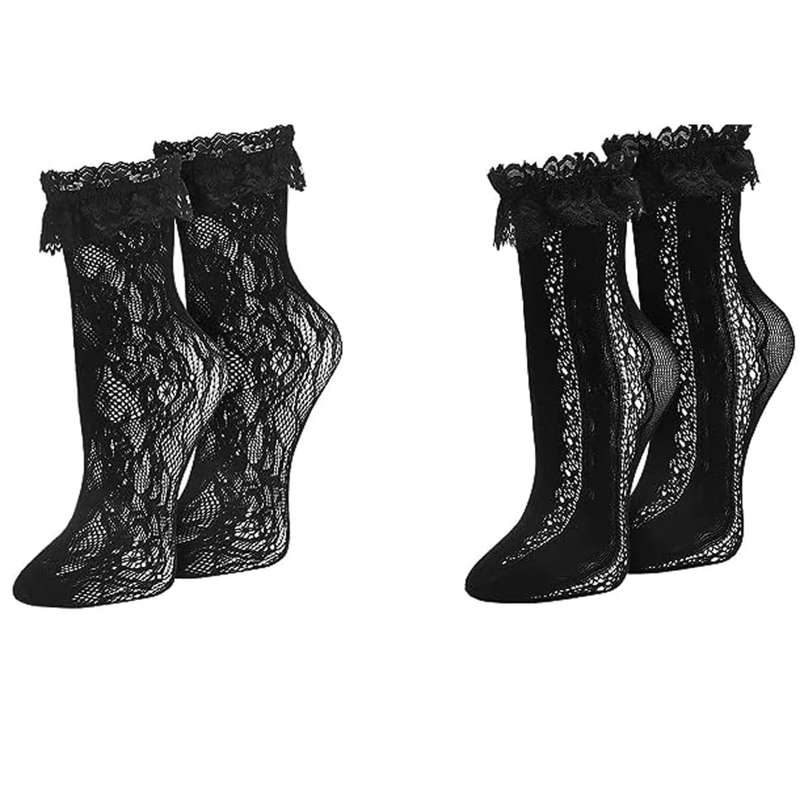 MKYSZLT Women Black Lace Socks Ruffle Frilly Dress Socks | Cute Mesh Lace Trim Ankle High Sock with Ruffles (2 Pairs)