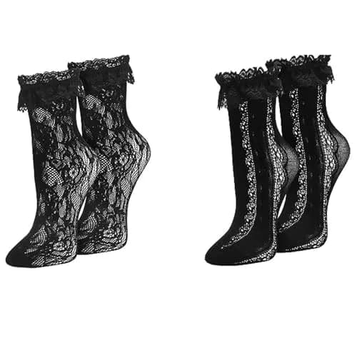 MKYSZLT Women Black Lace Socks Ruffle Frilly Dress Socks | Cute Mesh Lace Trim Ankle High Sock with Ruffles (2 Pairs) thumbnail 1