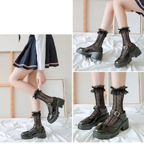 MKYSZLT Women Black Lace Socks Ruffle Frilly Dress Socks | Cute Mesh Lace Trim Ankle High Sock with Ruffles (2 Pairs) thumbnail 4
