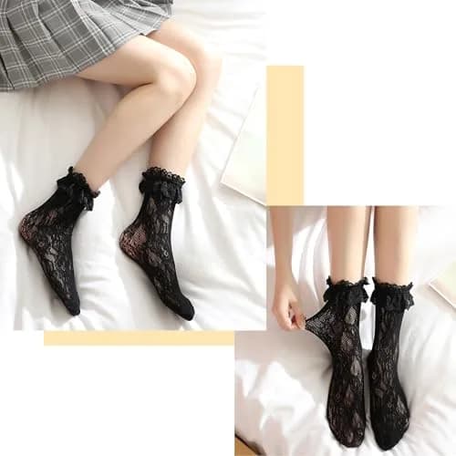 MKYSZLT Women Black Lace Socks Ruffle Frilly Dress Socks | Cute Mesh Lace Trim Ankle High Sock with Ruffles (2 Pairs) thumbnail 5