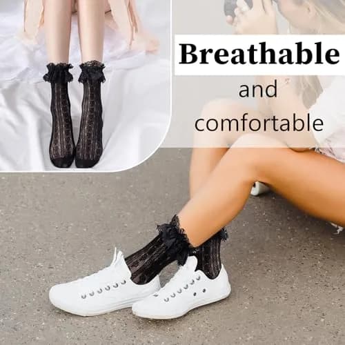 MKYSZLT Women Black Lace Socks Ruffle Frilly Dress Socks | Cute Mesh Lace Trim Ankle High Sock with Ruffles (2 Pairs) thumbnail 6
