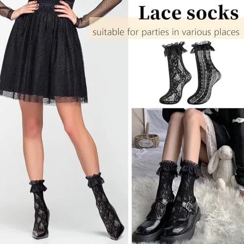 MKYSZLT Women Black Lace Socks Ruffle Frilly Dress Socks | Cute Mesh Lace Trim Ankle High Sock with Ruffles (2 Pairs) thumbnail 2
