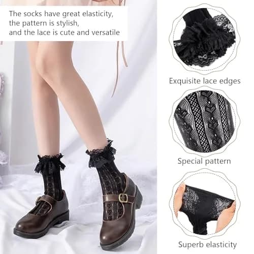 MKYSZLT Women Black Lace Socks Ruffle Frilly Dress Socks | Cute Mesh Lace Trim Ankle High Sock with Ruffles (2 Pairs) thumbnail 3