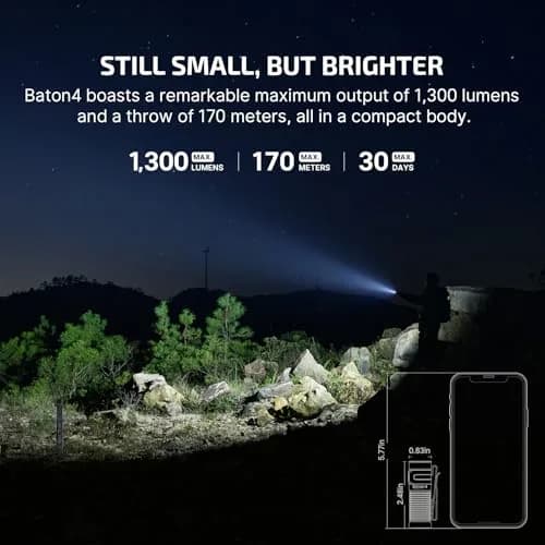OLIGHT Baton4 Rechargeable LED Flashlight | 1300 Lumens, Compact, 6 Modes, Magnetic Tail, IPX8 Waterproof thumbnail 3
