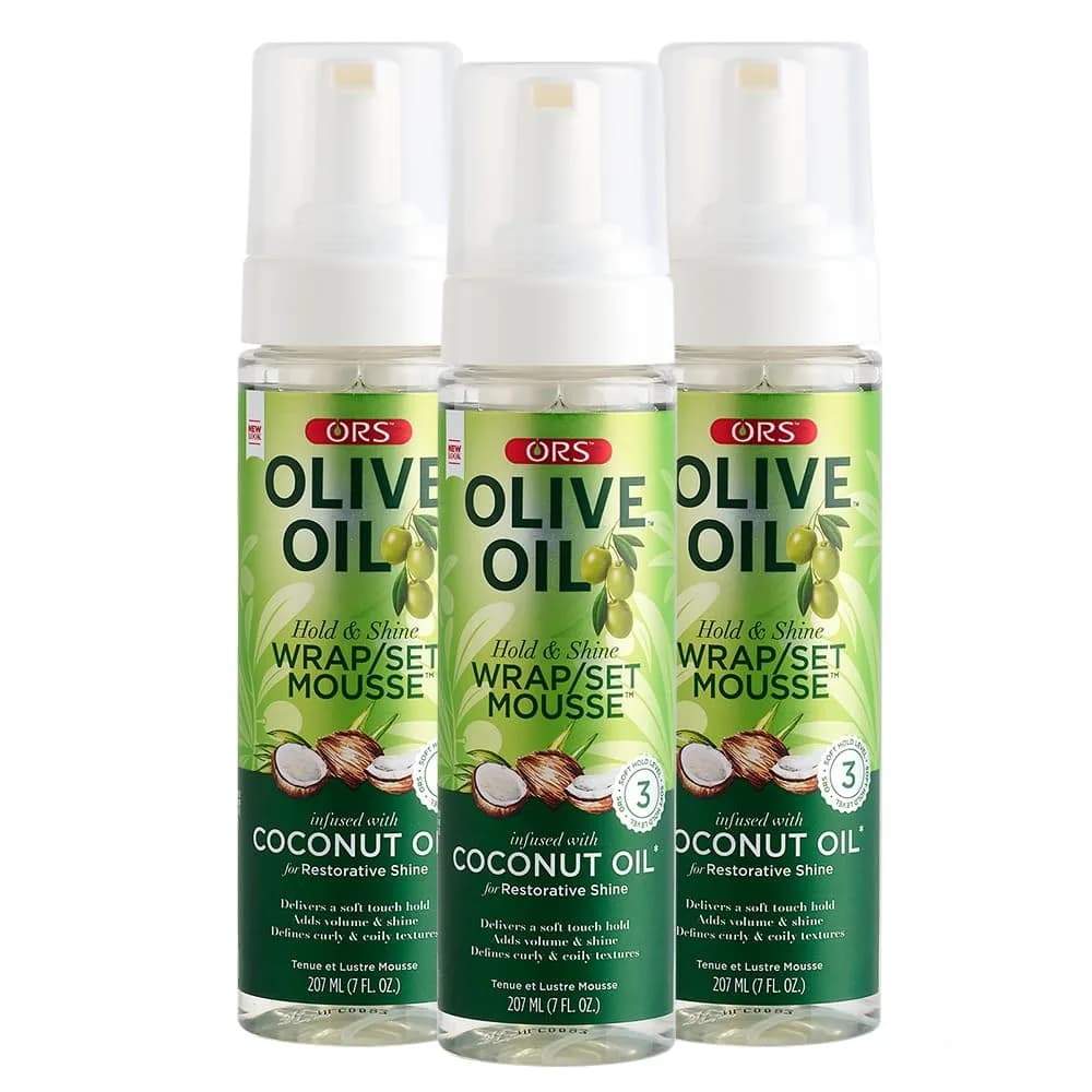 ORS Olive Oil Hold & Shine Wrap Set Mousse 7 Ounce | Nourishing Coconut & Olive Oil for Restorative Shine — Clear