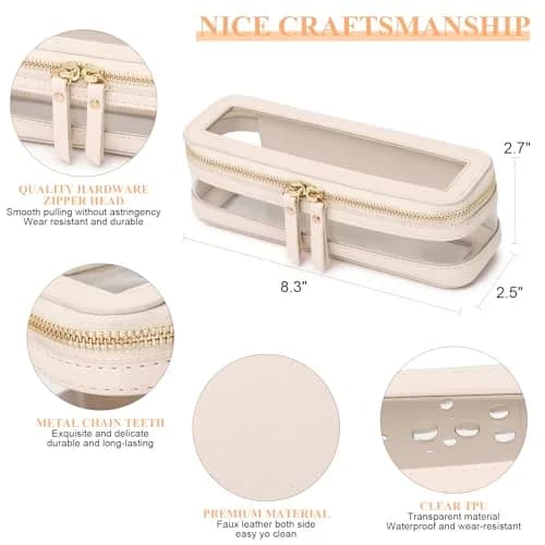 Pinkmik Slim Clear Makeup Brush Case Beige 21.5cm (8.46") | Waterproof Faux Leather Travel Cosmetic Bag thumbnail 4
