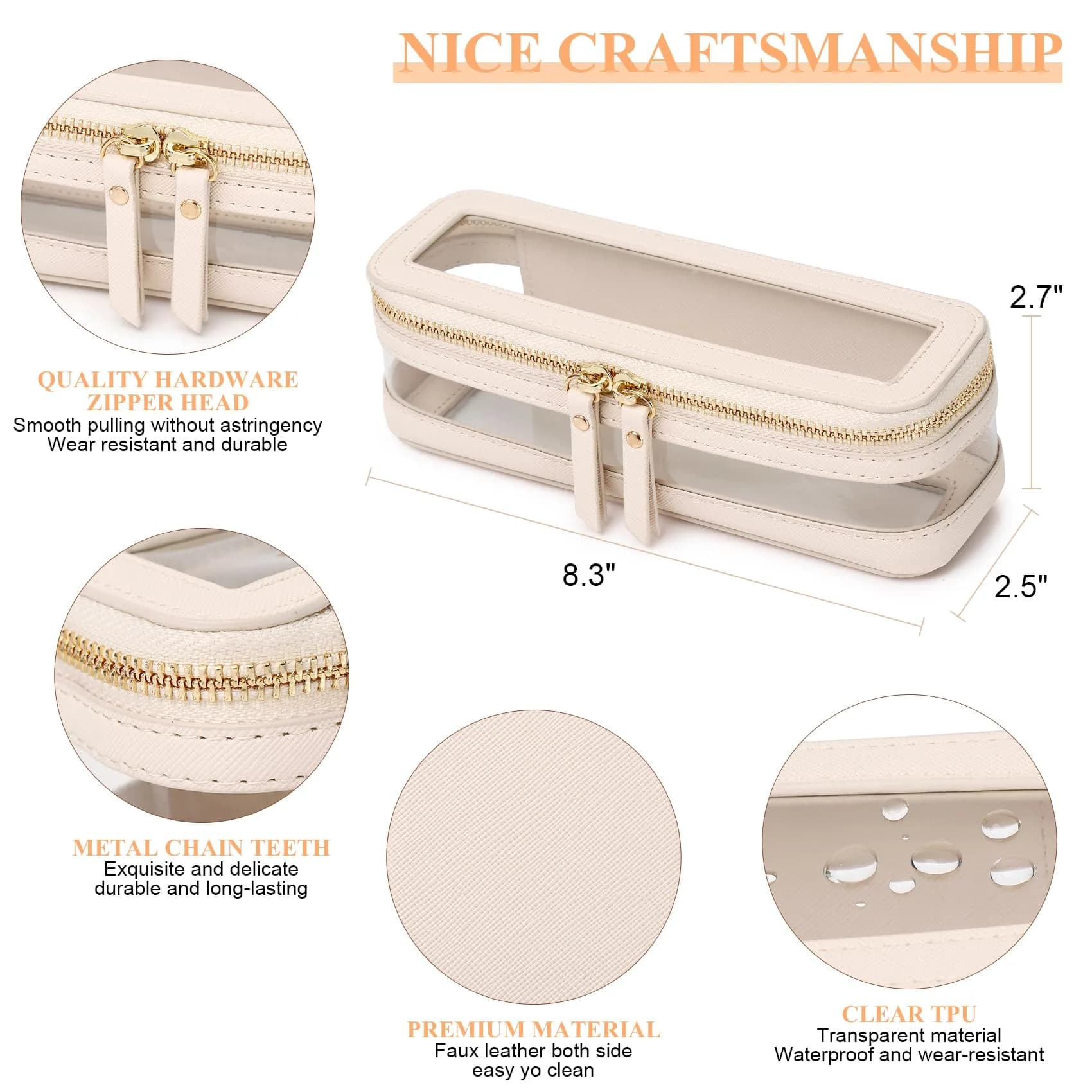 Pinkmik Slim Clear Makeup Brush Case Beige 21.5cm (8.46") | Waterproof Faux Leather Travel Cosmetic Bag - view 4
