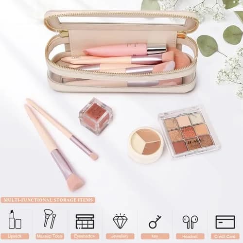 Pinkmik Slim Clear Makeup Brush Case Beige 21.5cm (8.46") | Waterproof Faux Leather Travel Cosmetic Bag thumbnail 5