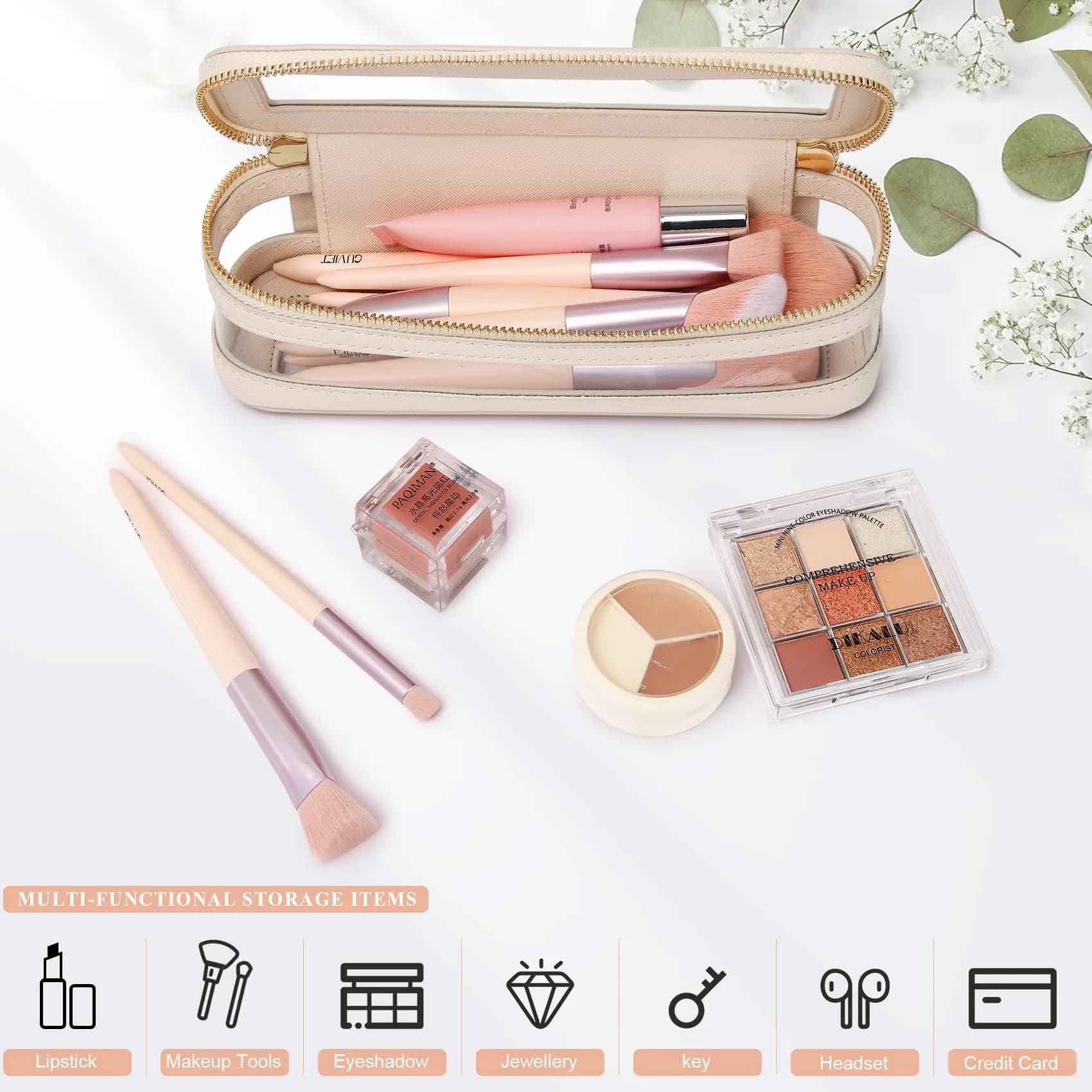 Pinkmik Slim Clear Makeup Brush Case Beige 21.5cm (8.46") | Waterproof Faux Leather Travel Cosmetic Bag - view 5