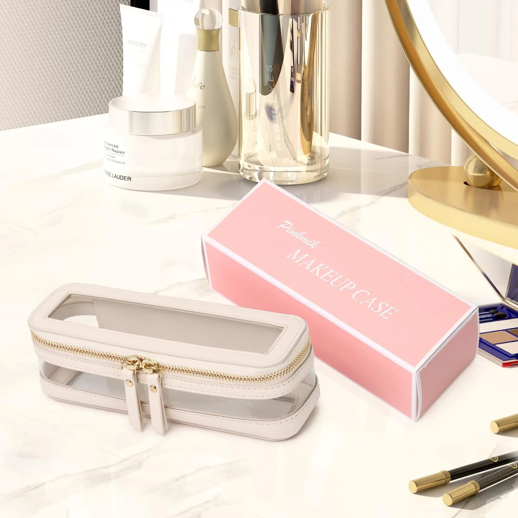Pinkmik Slim Clear Makeup Brush Case Beige 21.5cm (8.46") | Waterproof Faux Leather Travel Cosmetic Bag - view 6