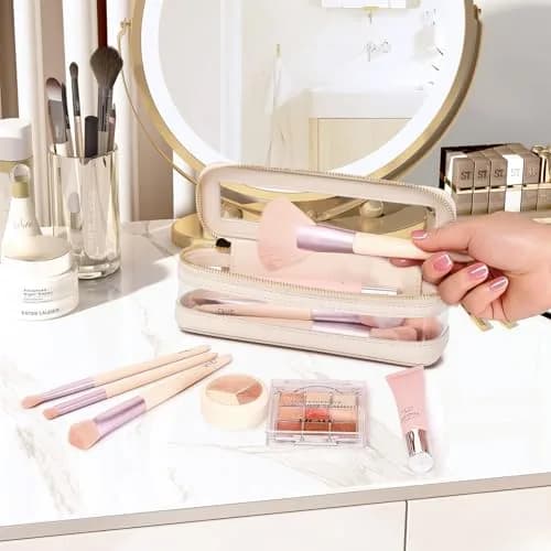 Pinkmik Slim Clear Makeup Brush Case Beige 21.5cm (8.46") | Waterproof Faux Leather Travel Cosmetic Bag thumbnail 2