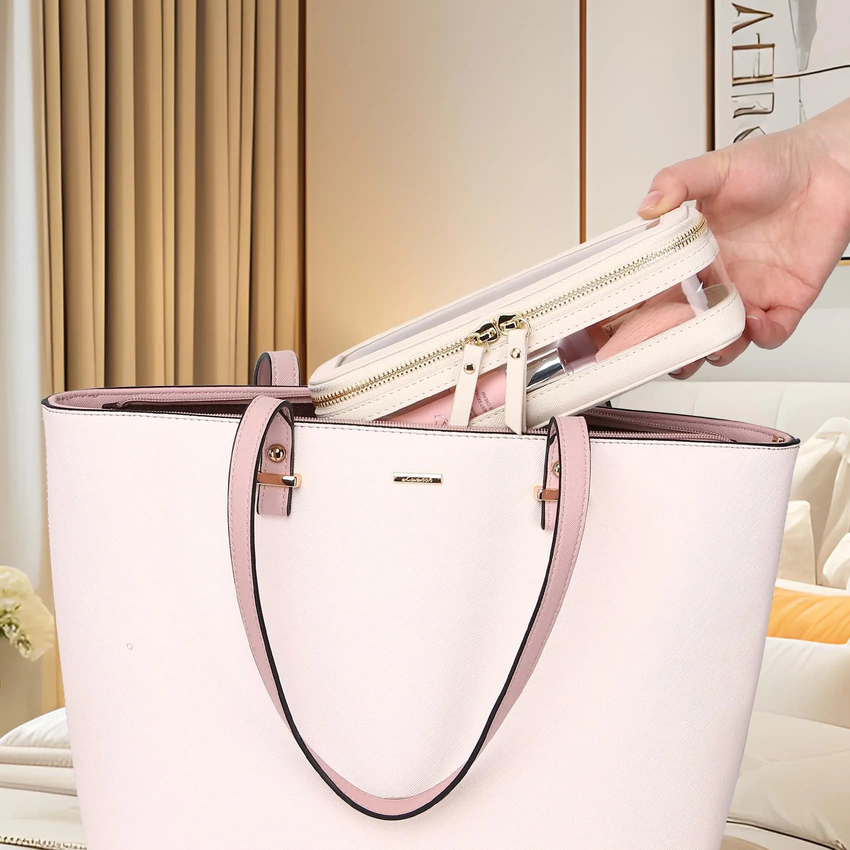 Pinkmik Slim Clear Makeup Brush Case Beige 21.5cm (8.46") | Waterproof Faux Leather Travel Cosmetic Bag - view 3