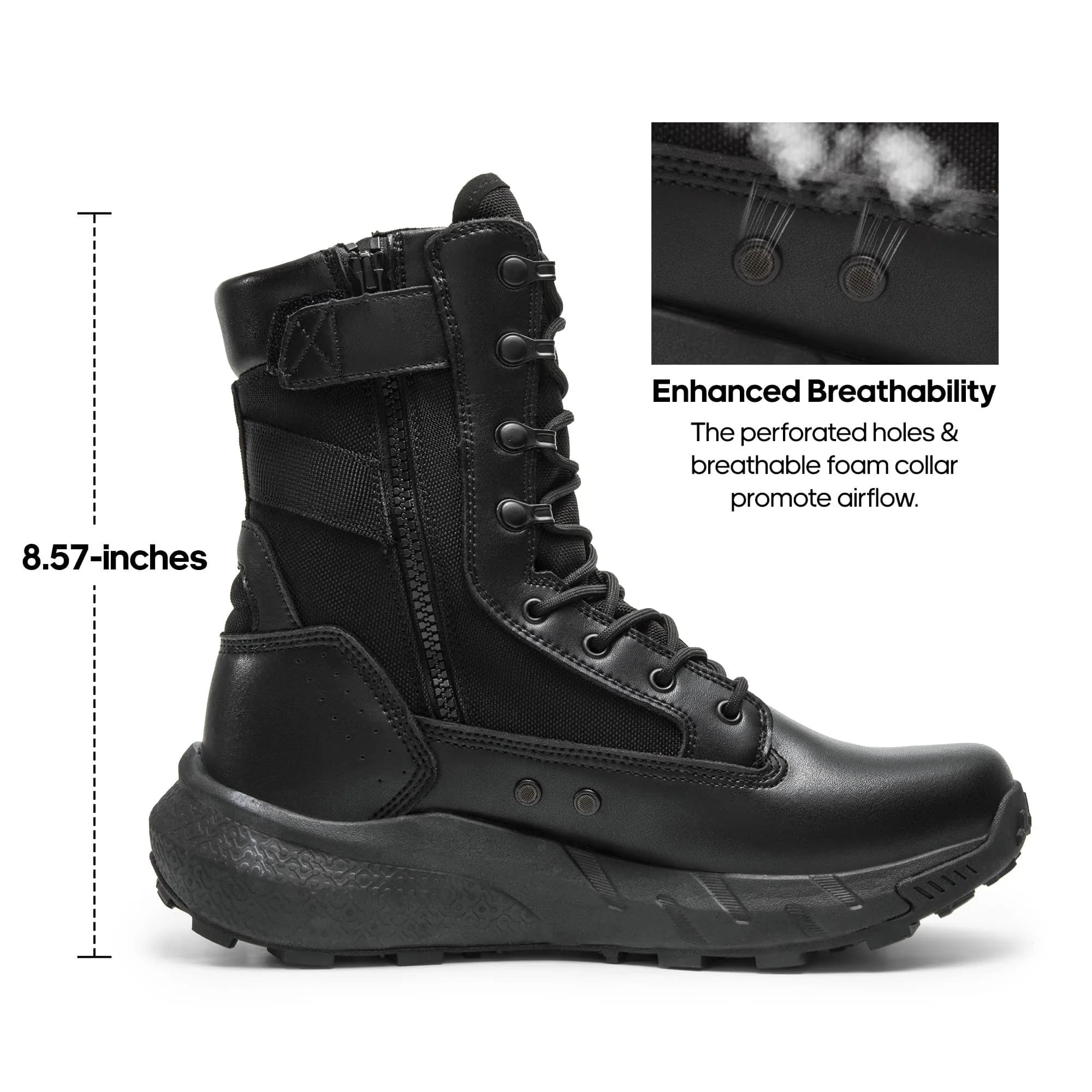 NORTIV 8 Men's Black Tactical Military Work Boots 8 Wide | Side Zipper Leather Lightweight Hiking Motorcycle Combat Boots 8 Inches Peakforce - view 4
