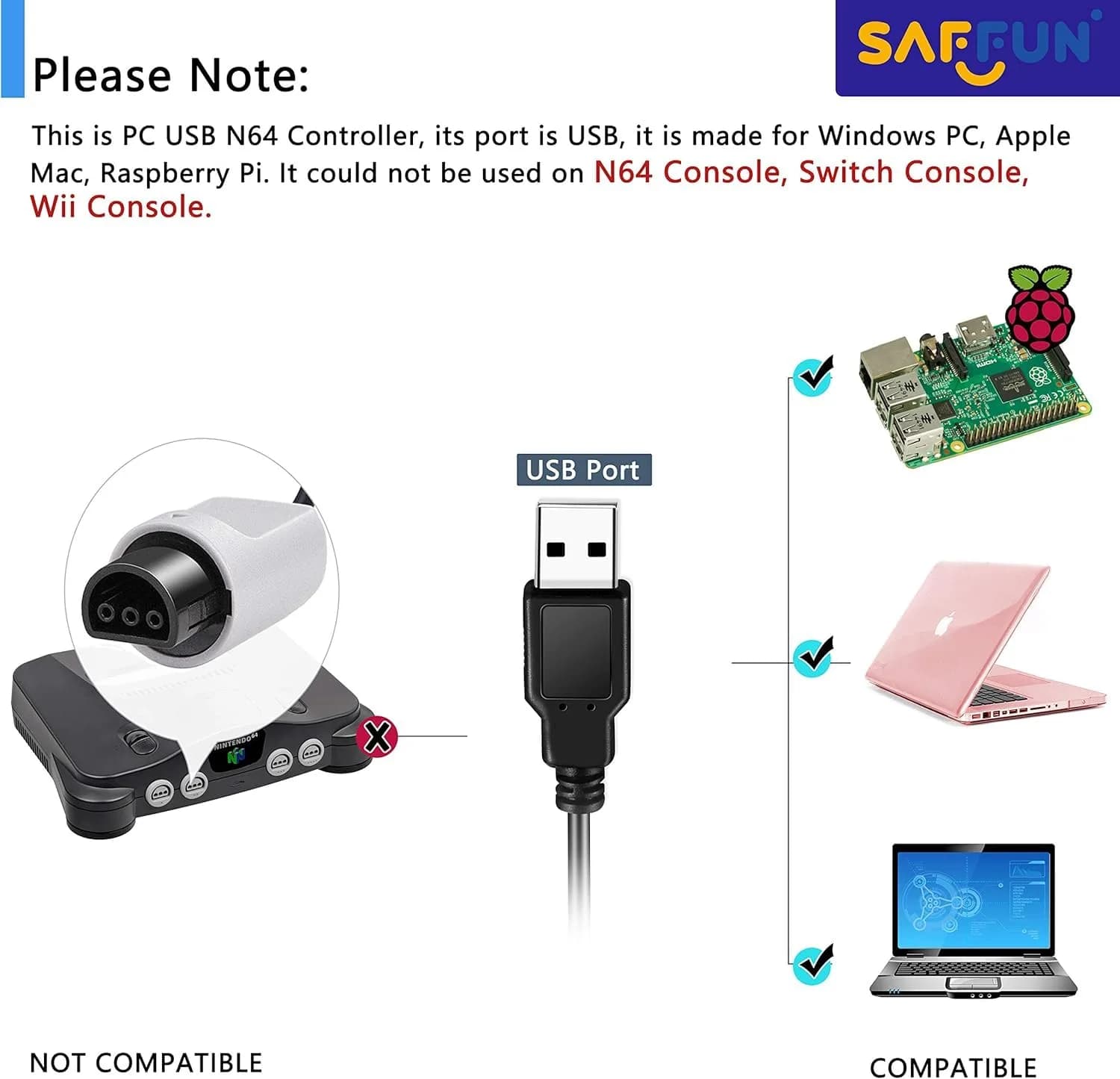 SAFFUN 2 Pack Classic N64 Controller Wired USB PC Gamepad 203g (7.2 oz) | Plug & Play for Windows PC macOS Raspberry Pi - view 6