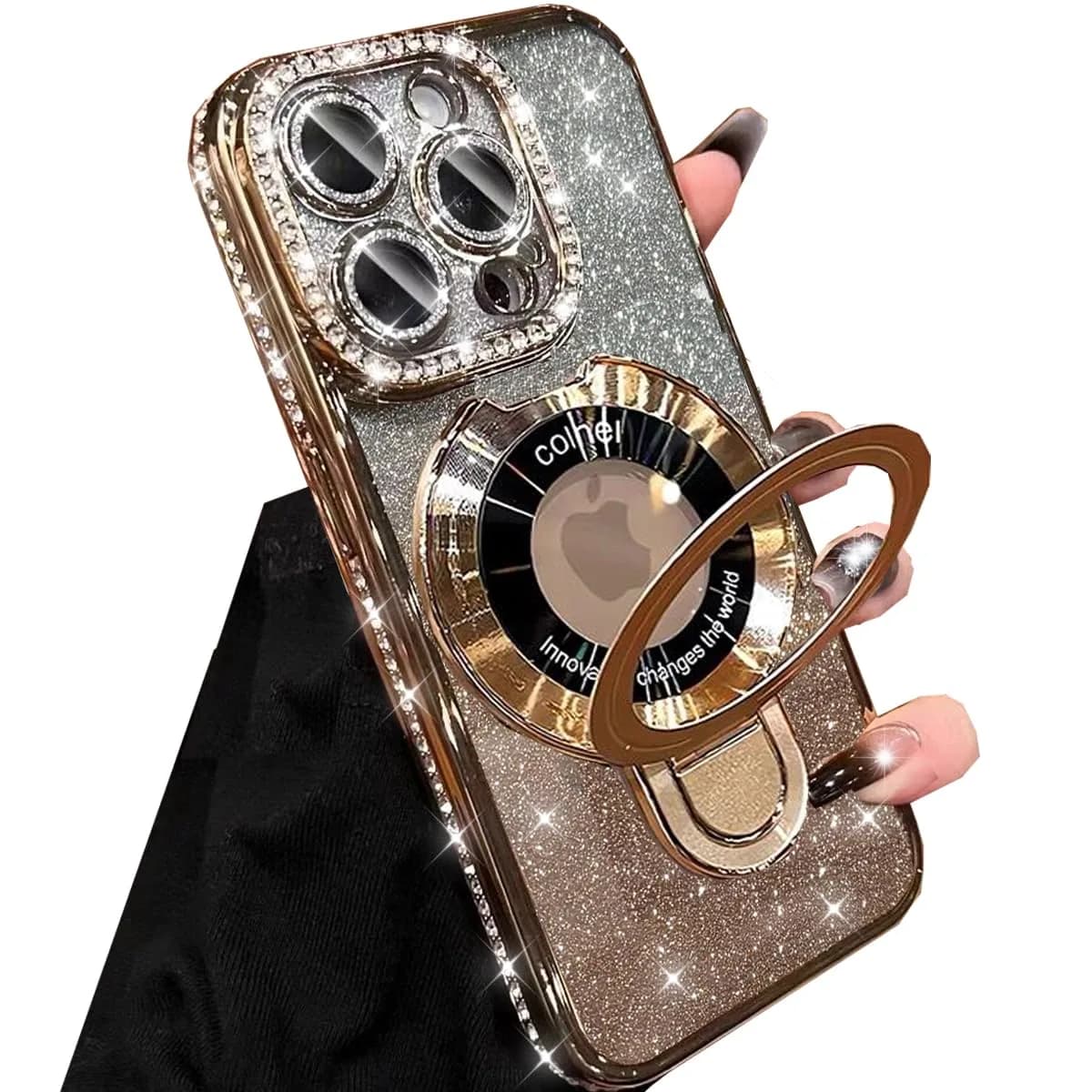Changjia Magnetic Stand Glitter Case for iPhone 16 Pro Max 6.9" | Luxury Rhinestones & Kickstand — Gold