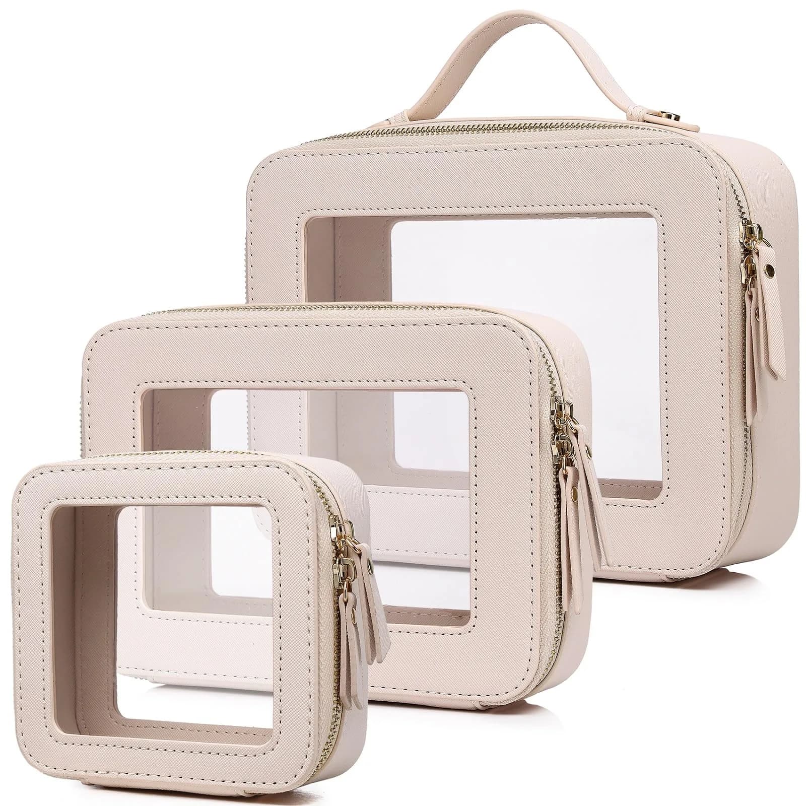 Pinkmik A5/Beige Clear Makeup Bag Set, L+M+MINI (3-Piece) | TSA Approved Travel Cosmetic Case - main product image
