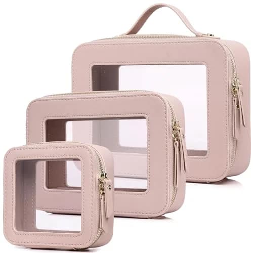 Pinkmik Clear Makeup Bag Set, L+M+MINI (3-Piece) | TSA Approved Travel Cosmetic Case — A5/Pink