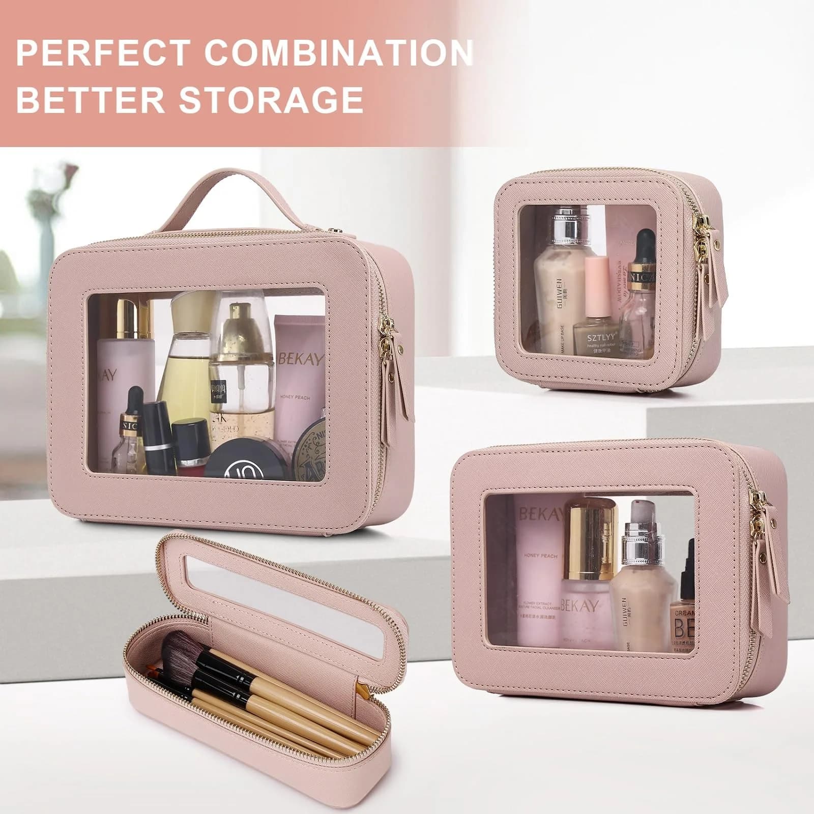 Pinkmik Clear Makeup Bag Set, L+M+MINI (3-Piece) | TSA Approved Travel Cosmetic Case - view 7