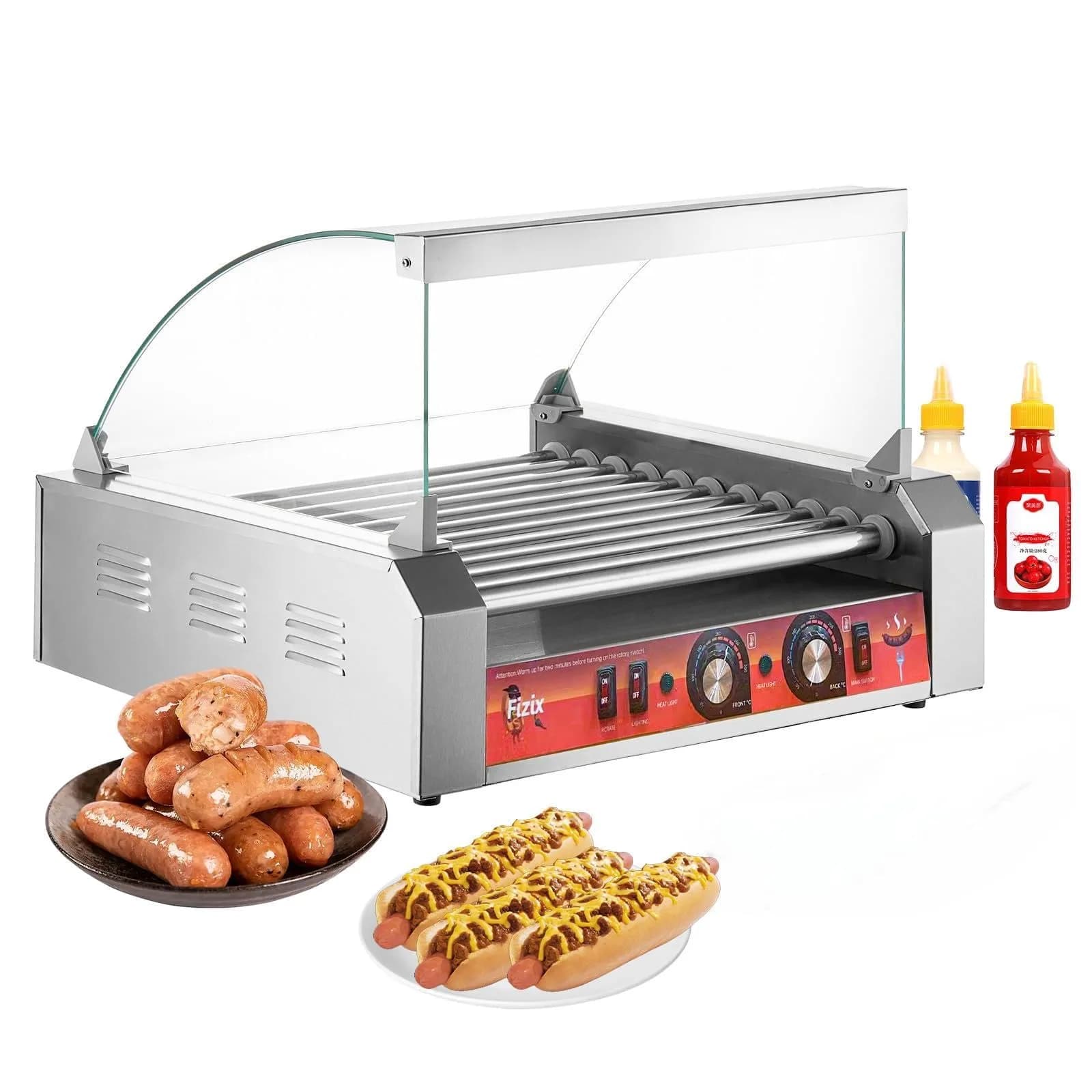 Vexon 1700W Hot Dog Rollers | 30 Hot Dog Capacity, Stainless Steel, Dual Temp Control, LED Light, Detachable Drip Tray