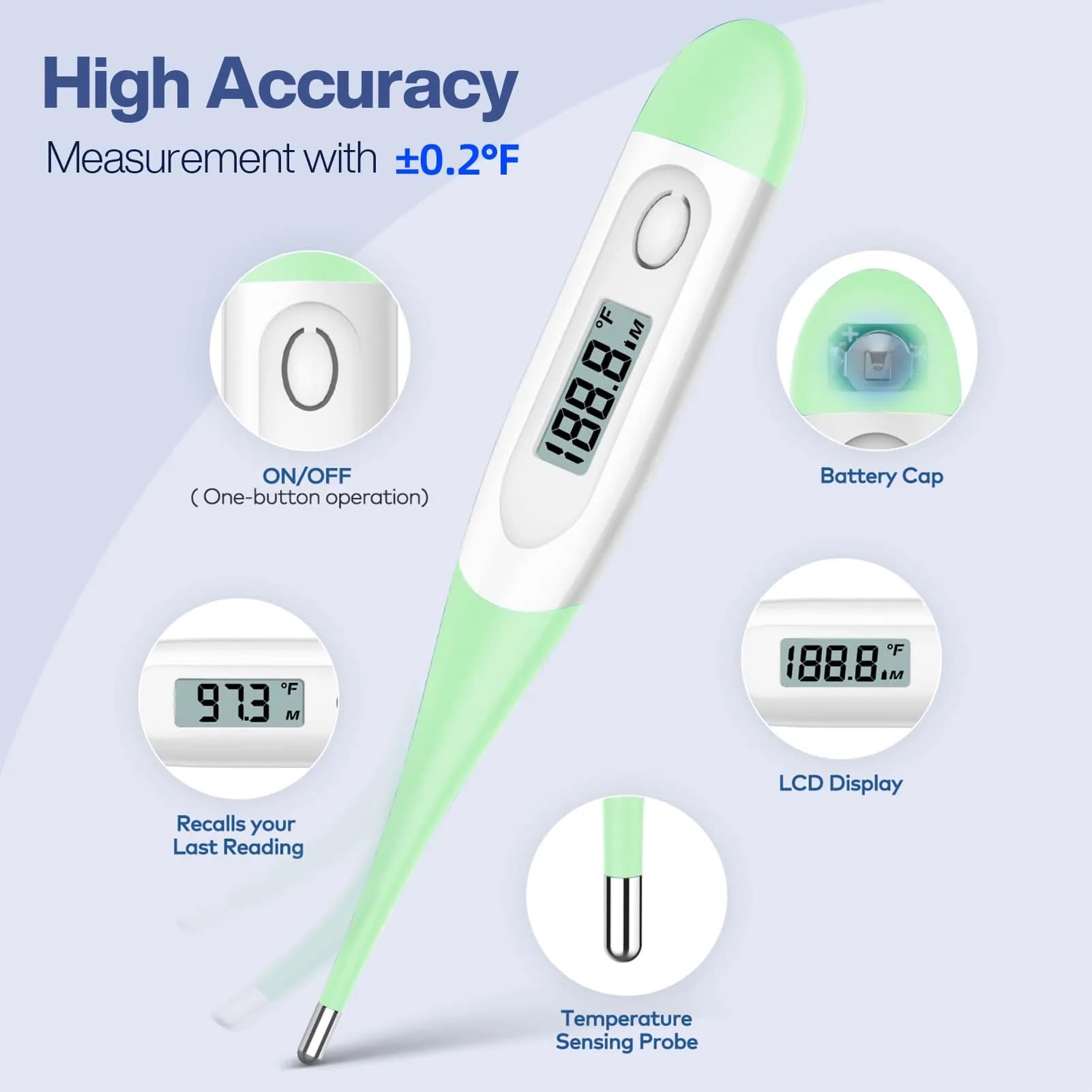 Boncare Digital Thermometer for Adults, Kids & Babies, Light Green | Accurate & Safe Oral and Rectal Thermometer with 10-Second Reading and Fever Alarm - view 3
