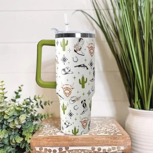 Ceovfoi 40 Oz Western Tumbler With Handle, Cow Skull Coffee Travel Mug Cup Water Bottle, 1183ml (40 Fl Oz) | Insulated Stainless Steel thumbnail 4