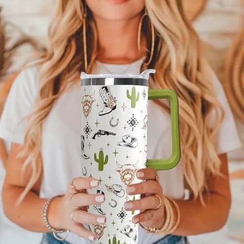 Ceovfoi 40 Oz Western Tumbler With Handle, Cow Skull Coffee Travel Mug Cup Water Bottle, 1183ml (40 Fl Oz) | Insulated Stainless Steel thumbnail 5
