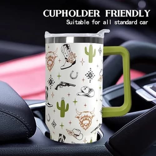 Ceovfoi 40 Oz Western Tumbler With Handle, Cow Skull Coffee Travel Mug Cup Water Bottle, 1183ml (40 Fl Oz) | Insulated Stainless Steel thumbnail 6