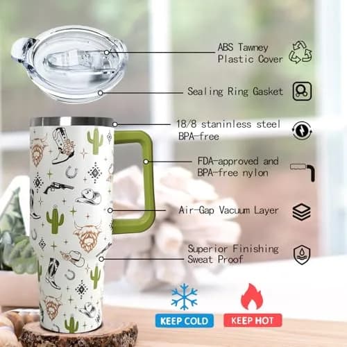Ceovfoi 40 Oz Western Tumbler With Handle, Cow Skull Coffee Travel Mug Cup Water Bottle, 1183ml (40 Fl Oz) | Insulated Stainless Steel thumbnail 3