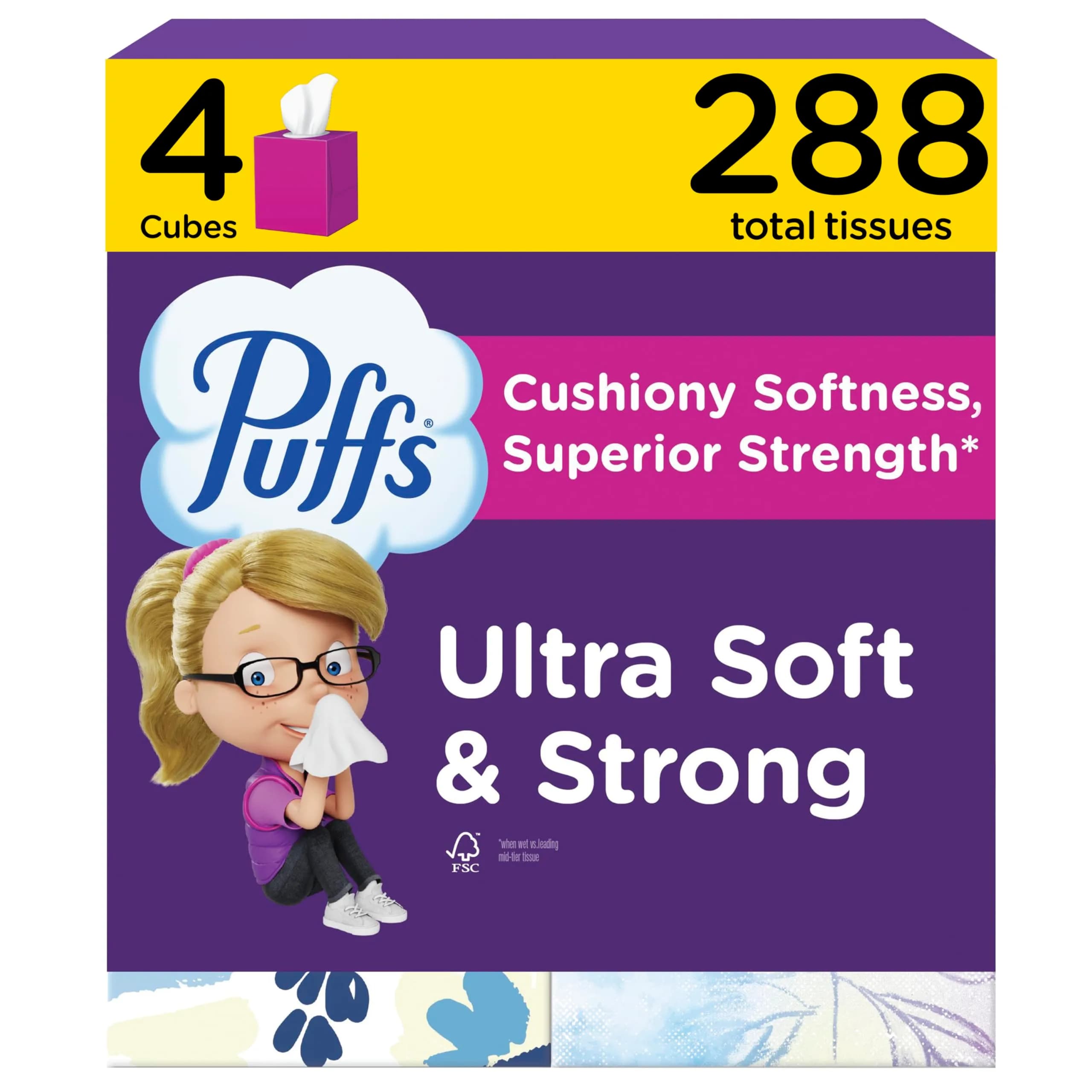 Puffs Ultra Soft Facial Tissues Mega Cube Boxes, 288 Tissues (72 per Box) | Gentle on Sensitive Skin - main product image