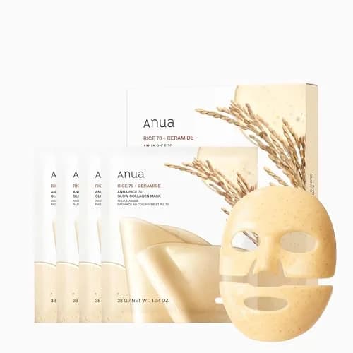 ANUA Rice 70 Glow Collagen Mask, 4 Pack | Hydrating Overnight Sheet Mask with Rice Water & Collagen thumbnail 1