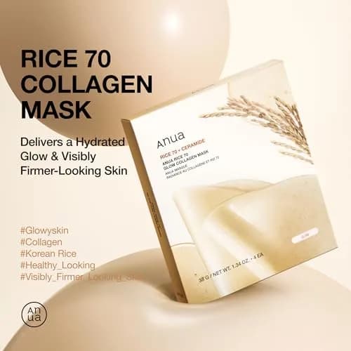 ANUA Rice 70 Glow Collagen Mask, 4 Pack | Hydrating Overnight Sheet Mask with Rice Water & Collagen thumbnail 2