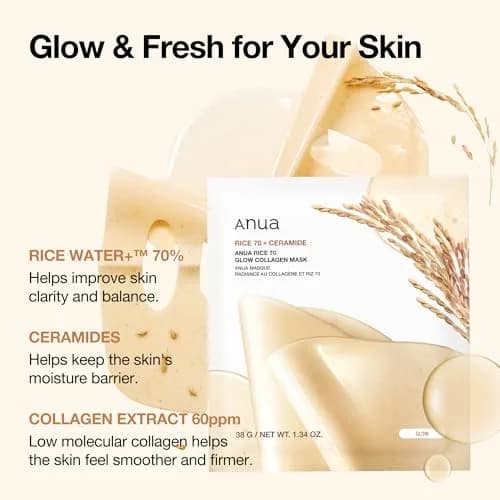 ANUA Rice 70 Glow Collagen Mask, 4 Pack | Hydrating Overnight Sheet Mask with Rice Water & Collagen thumbnail 3