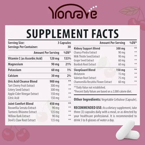 Yonrave Uric Acid Cleanse & Detox with Tart Cherry, Celery Seed | Supports Joint, Kidney & Sleep (90 Veggie Capsules, 2 Bottles) thumbnail 2