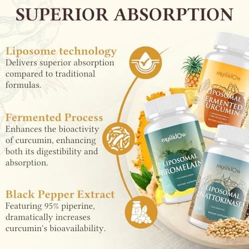 Mystidow Spike Support Trio | Liposomal Nattokinase 8000 FU 500mg, Bromelain 1150 mg & Fermented Curcumin 1800 mg | High Potency, Enhanced Absorption Formula | for Immune, Heart & Circulatory | 60 Servings thumbnail 5