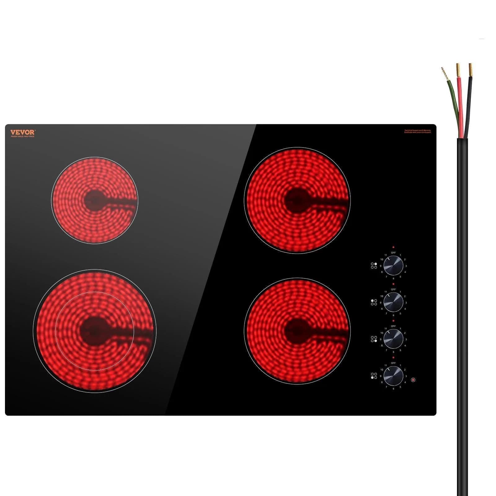 VEVOR Electric Ceramic Cooktop 30-inch 4 Burners 7200W 220V | Built-in Glass Panel with Knob Control - main product image