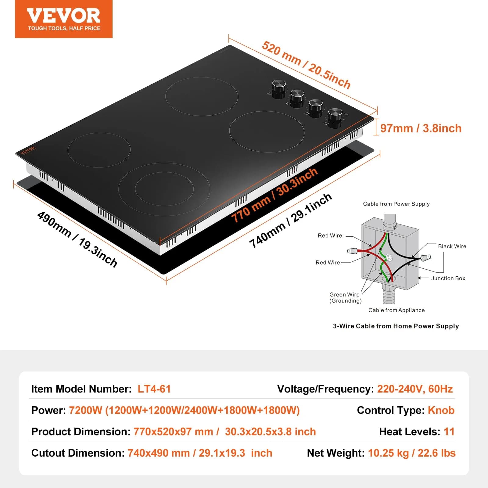 VEVOR Electric Ceramic Cooktop 30-inch 4 Burners 7200W 220V | Built-in Glass Panel with Knob Control - view 7