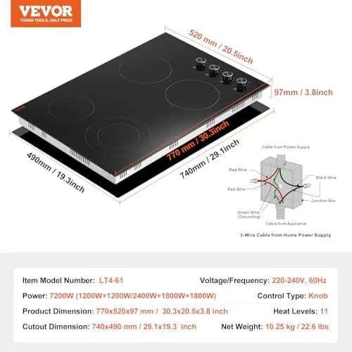 VEVOR Electric Ceramic Cooktop 30-inch 4 Burners 7200W 220V | Built-in Glass Panel with Knob Control thumbnail 7