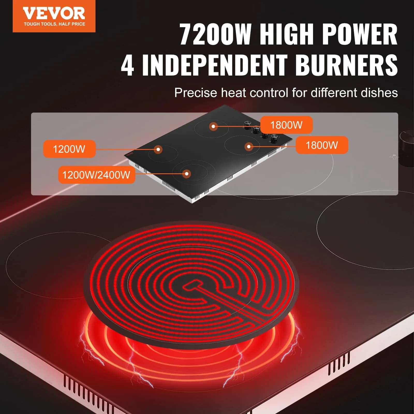 VEVOR Electric Ceramic Cooktop 30-inch 4 Burners 7200W 220V | Built-in Glass Panel with Knob Control - view 2