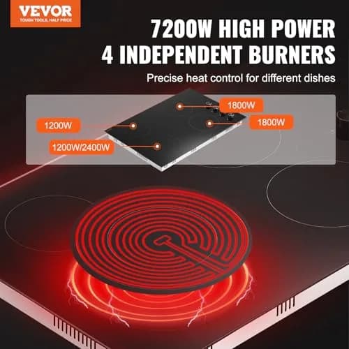 VEVOR Electric Ceramic Cooktop 30-inch 4 Burners 7200W 220V | Built-in Glass Panel with Knob Control thumbnail 2