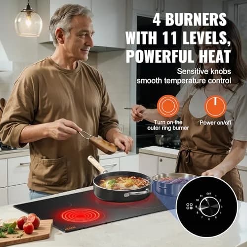 VEVOR Electric Ceramic Cooktop 30-inch 4 Burners 7200W 220V | Built-in Glass Panel with Knob Control thumbnail 3