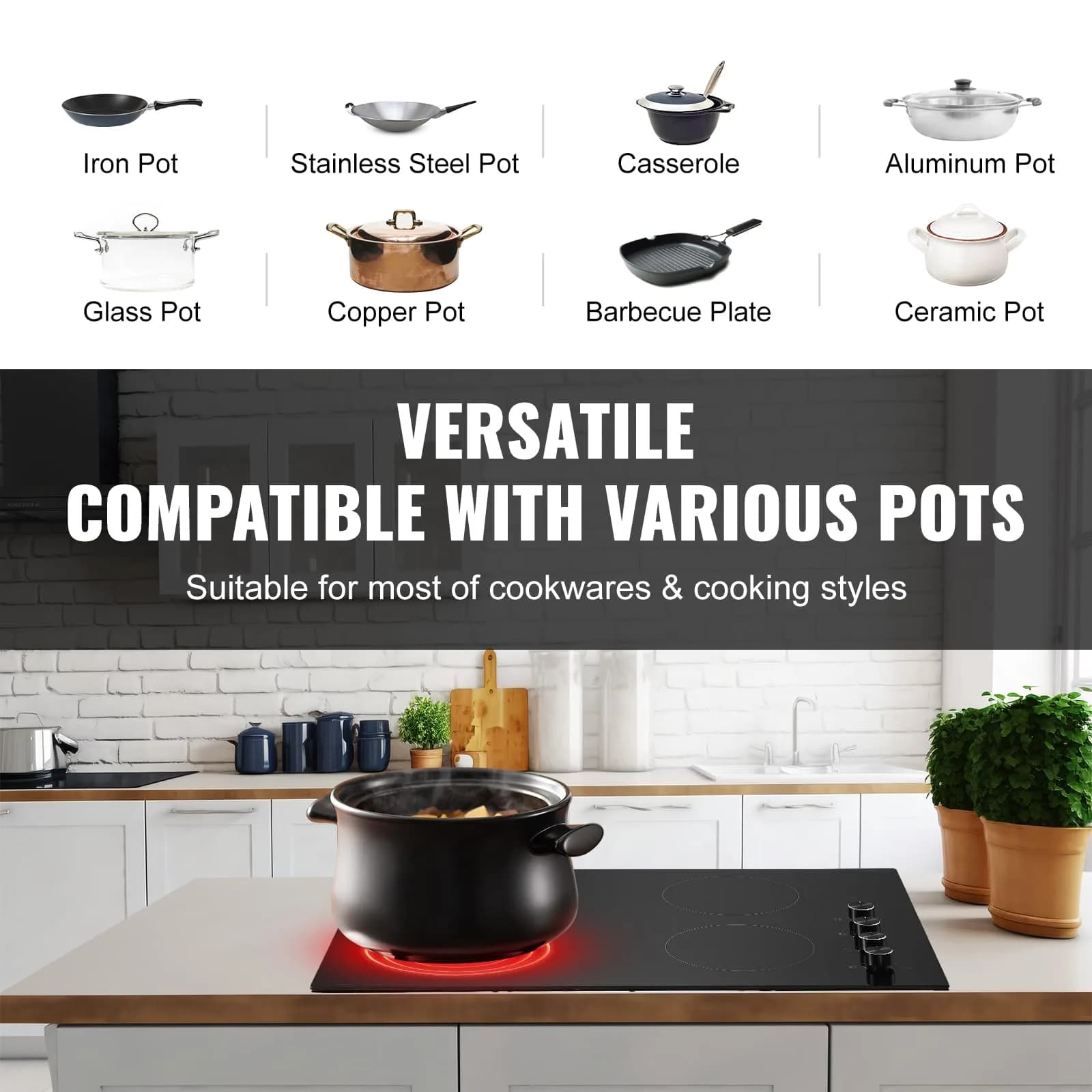 VEVOR Electric Ceramic Cooktop 30-inch 4 Burners 7200W 220V | Built-in Glass Panel with Knob Control - view 4