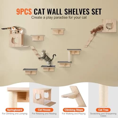 VEVOR Wall Mounted Cat Shelves Set of 9 | Supports 40 lbs, Climbing & Resting thumbnail 2